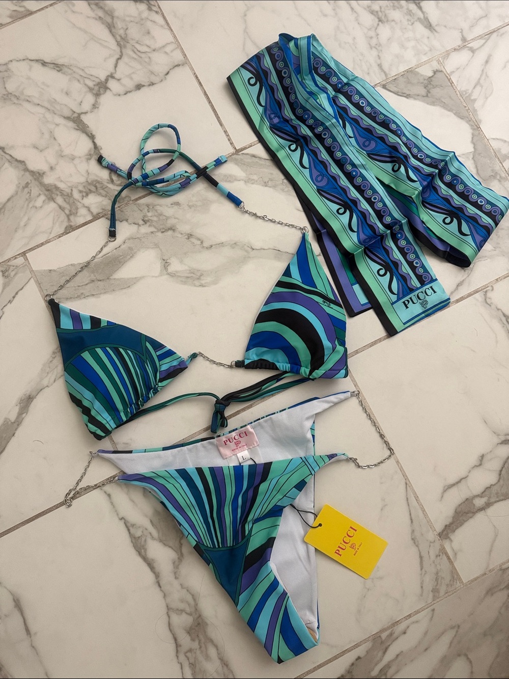 Pucci Blue & Teal Wave Print Bikini with Matching Scarf